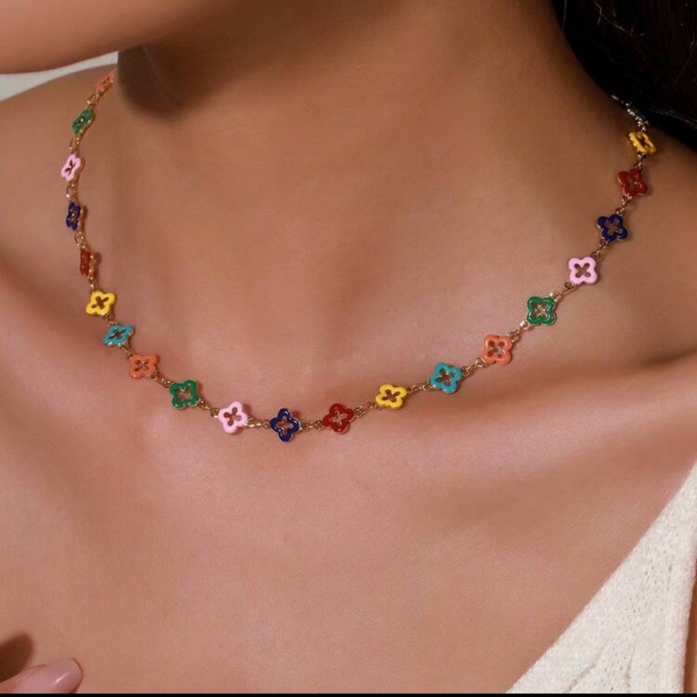 Classic Multicolor Clover Gold Tone Necklace